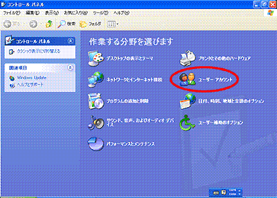 「コントロール パネル」画面から、「ユーザー アカウント」を選択する。