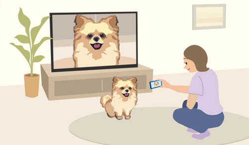 テレビの前にいる犬を女性がiPhoneで撮影し、その画面がテレビに映しだされているイメージイラスト