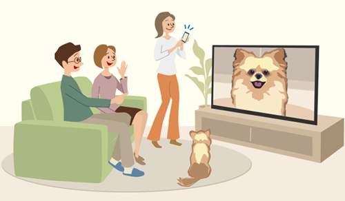 iPhoneに保存された犬の動画がテレビ画面に映し出され楽しそうに見ている人たちのイメージイラスト