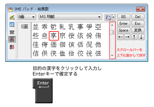 目的の漢字をクリックして入力し、Enterキーで確定する