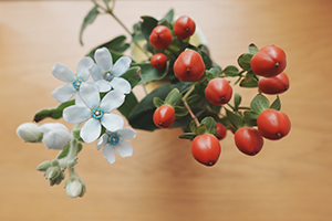 卓上の花を上からクリエイティブルックのINモードで撮影した例