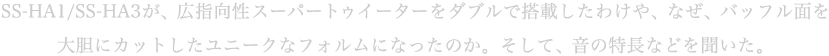 SS-HA1/SS-HA3が、広指向性スーパートゥイーターをダブルで搭載したわけや、なぜ、バッフル面を大胆にカットしたユニークなフォルムになったのか。そして、音の特長などを聞いた。