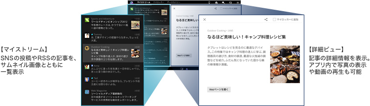 �y�}�C�X�g���[���zSNS�̓��e��RSS�̋L�����A�T���l�C���摜�ƂƂ��Ɉꗗ�\��
�y�ڍ׃r���[�z�L���̏ڍ׏���\���B�A�v�����Ŏʐ^�̕\���⓮��̍Đ����\