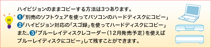 �g�n�C�r�W�����̂܂܃R�s�[������@��3����܂��B1�u�ʔ��̃\�t�g�E�F�A���g���ăp�\�R���̃n�[�h�f�B�X�N�ɃR�s�[�v�A2�u�n�C�r�W�����Ή��́u�X�S�^�v���g���ăn�[�h�f�B�X�N�ɃR�s�[�v�A�܂��A3�u�u���[���C�f�B�X�N���R�[�_�[�i12�������\��j���g���΃u���[���C�f�B�X�N�ɃR�s�[�v���Ďc�����Ƃ��ł��܂��B