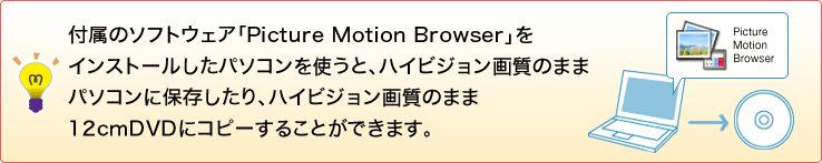 �t���̃\�t�g�E�F�A�uPicture Motion Browser�v���C���X�g�[�������p�\�R�����g���ƁA�n�C�r�W�����掿�̂܂܃p�\�R���ۑ�������A�n�C�r�W�����掿�̂܂�12cmDVD�ɃR�s�[���邱�Ƃ��ł��܂��B