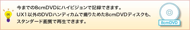 ���܂ł�8cmDVD�Ƀn�C�r�W�����ŋL�^�ł��܂��BUX1�ȊO��DVD�n���f�B�J���ŎB�肽�߂�8cmDVD�f�B�X�N���A�X�^���_�[�h�掿�ōĐ��ł��܂��B