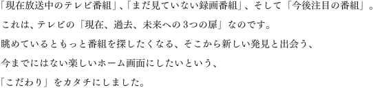 �u���ݕ������̃e���r�ԑg�v�A�u�܂����Ă��Ȃ��^��ԑg�v�A�����āu���㒍�ڂ̔ԑg�v�B����́A�e���r�́u���݁A�ߋ��A�����ւ�3�̔��v�Ȃ̂ł��B���߂Ă���Ƃ����Ɣԑg��T�������Ȃ�A��������V���������Əo��A���܂łɂ͂Ȃ��y�����z�[����ʂɂ������Ƃ����A�u�������v���J�^�`�ɂ��܂����B