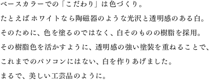 �x�[�X�J���[�ł́u�������v�͐F�Â���B���Ƃ��΃z���C�g�Ȃ瓩����̂悤�Ȍ���Ɠ������̂��锒�B���̂��߂ɁA�F��h��̂ł͂Ȃ��A�����̂��̂̎������̗p�B���̎����F���������悤�ɁA�������̋����h�����d�˂邱�ƂŁA����܂ł̃p�\�R���ɂ͂Ȃ��A������肠���܂����B�܂�ŁA�������H�|�i�̂悤�ɁB