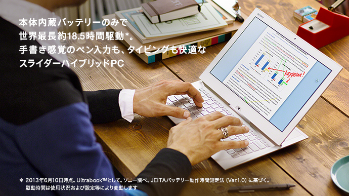 �{�̓����o�b�e���[�݂̂Ő��E�Œ���18.5���ԋ쓮���B�菑�����o�̃y�����͂��A�^�C�s���O�����K�ȃX���C�_�[�n�C�u���b�hPC