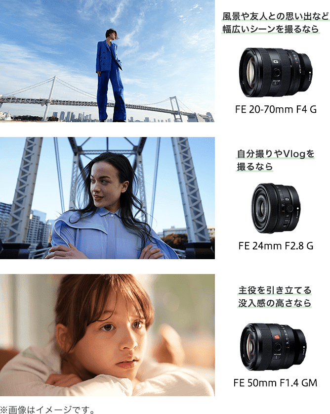 風景や友人との思い出など幅広いシーンを撮るなら FE 20-70mm F4 G、自分撮りやVlogを撮るなら FE 24mm F2.8 G、主役を引き立てる没入感の高さなら FE 50mm F1.4 GM