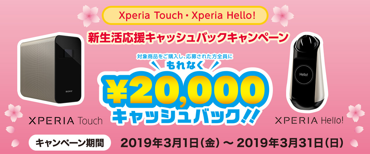 Xperia TouchEXperia Hello! VLbVobNLy[ ґS20,000LbVobN Ly[ԁiwΏۊԁjF2019N31ij`2019N331ijyWEBł̉ԁz 2019N31ijߑO100000b`2019N415ijߑO100000b