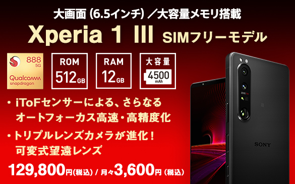 大画面(6.5インチ)/大容量メモリ搭載 Xperia 1 III SIMフリーモデル