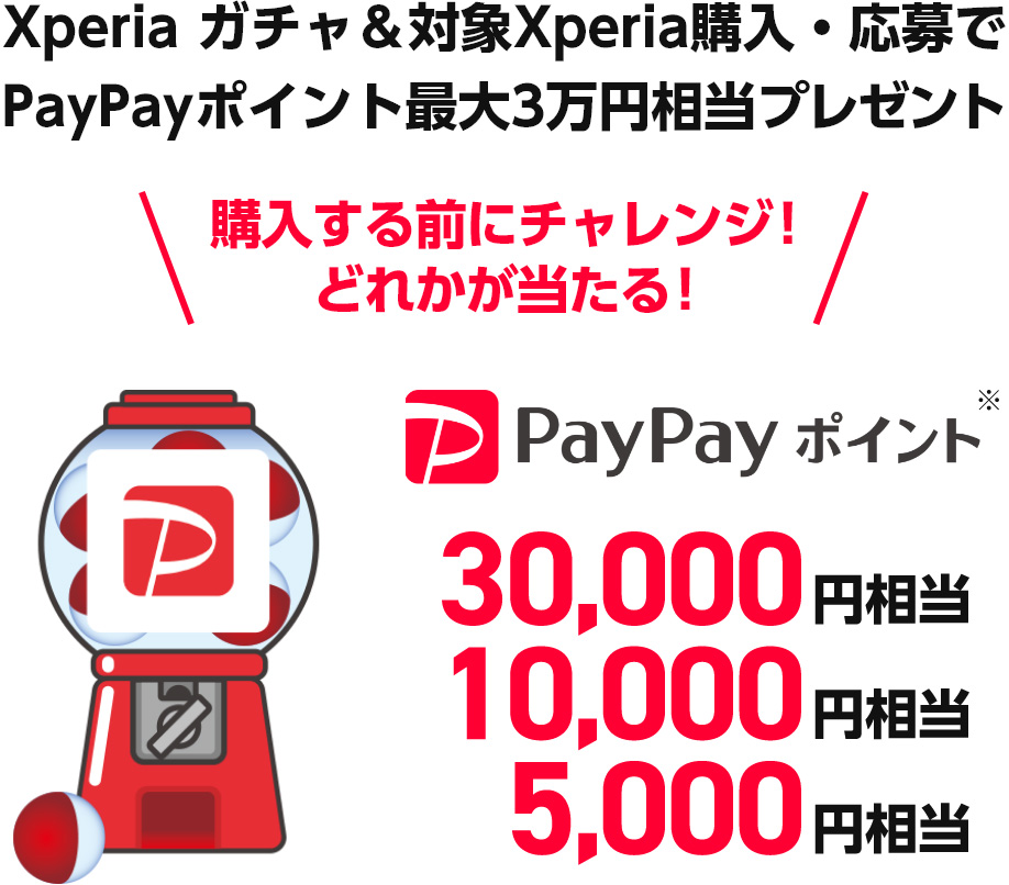 Xperia ガチャ＆対象Xperia購入・応募でPayPayポイント最大3万円相当プレゼント 購入する前にチャレンジ!どれかが当たる! PayPayポイント* 30,000円相当/10,000円相当/5,000円相当 ※出金と譲渡はできません。PayPay/PayPayカード公式ストアでも利用可能です。