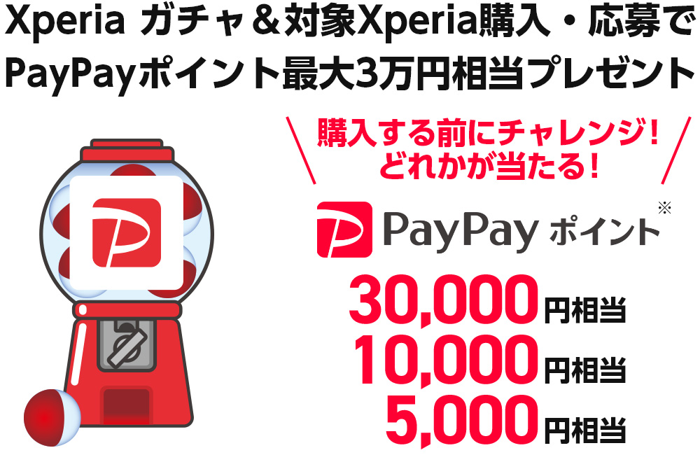 Xperia ガチャ＆対象Xperia購入・応募でPayPayポイント最大3万円相当プレゼント 購入する前にチャレンジ!どれかが当たる! PayPayポイント* 30,000円相当/10,000円相当/5,000円相当 ※出金と譲渡はできません。PayPay/PayPayカード公式ストアでも利用可能です。