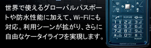 世界で使えるグローバルパスポートや防水性能に加えて、Wi-Fiにも対応。利用シーンが拡がり、さらに自由なケータイライフを実現します。