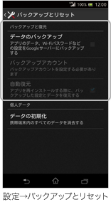 バックアップとリセットの画面／アップデート後