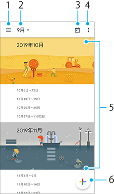 カレンダー画面の各部の名前。画面上部左から右へ、1から4。画面全体5、画面右下6。
