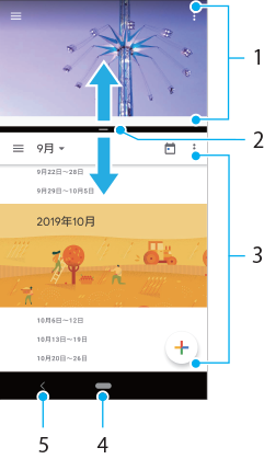 分割画面の各部の名前。画面上１。画面中央２。画面下3。画面下部右から左4、5。