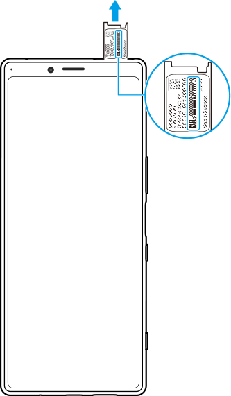 正面図右上、SIMカードスロット内からIMEI番号のラベルを引き出す図