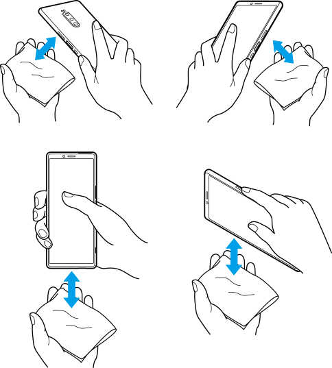 本体の裏、表、底辺、左右側面についた水滴を布でふき取る図。