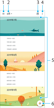 カレンダー画面の各部の名前。画面上部左から右へ、1から4。画面全体5、画面右下6。