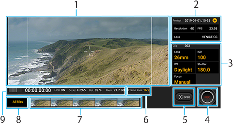 Cinema Proアプリ画面の各部の名前。画面左上部1、画面右上部２、画面右中央部3、画面下部右から左へ4～9。