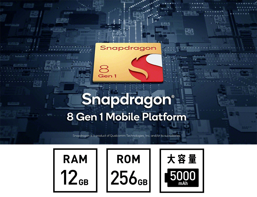 Snapdragon® 8 Gen 1 Mobile Platform、RAM12GB、ROM256GB、大容量5000mAh